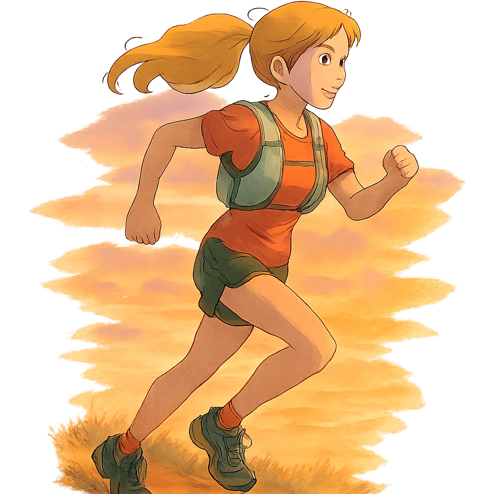ghibli style trailrunner girl blondie on sunset emoji