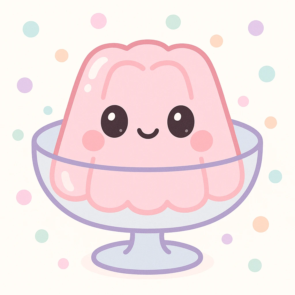cute jelly dessert, soft and wobbly, in a glass bowl, vibrant colors, kawaii style emoji