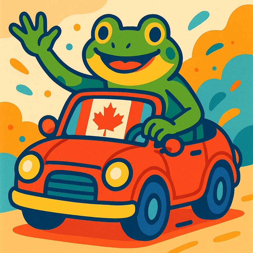 a frog riding a car with a Canadian flag on the windshield, vibrant and playful style emoji