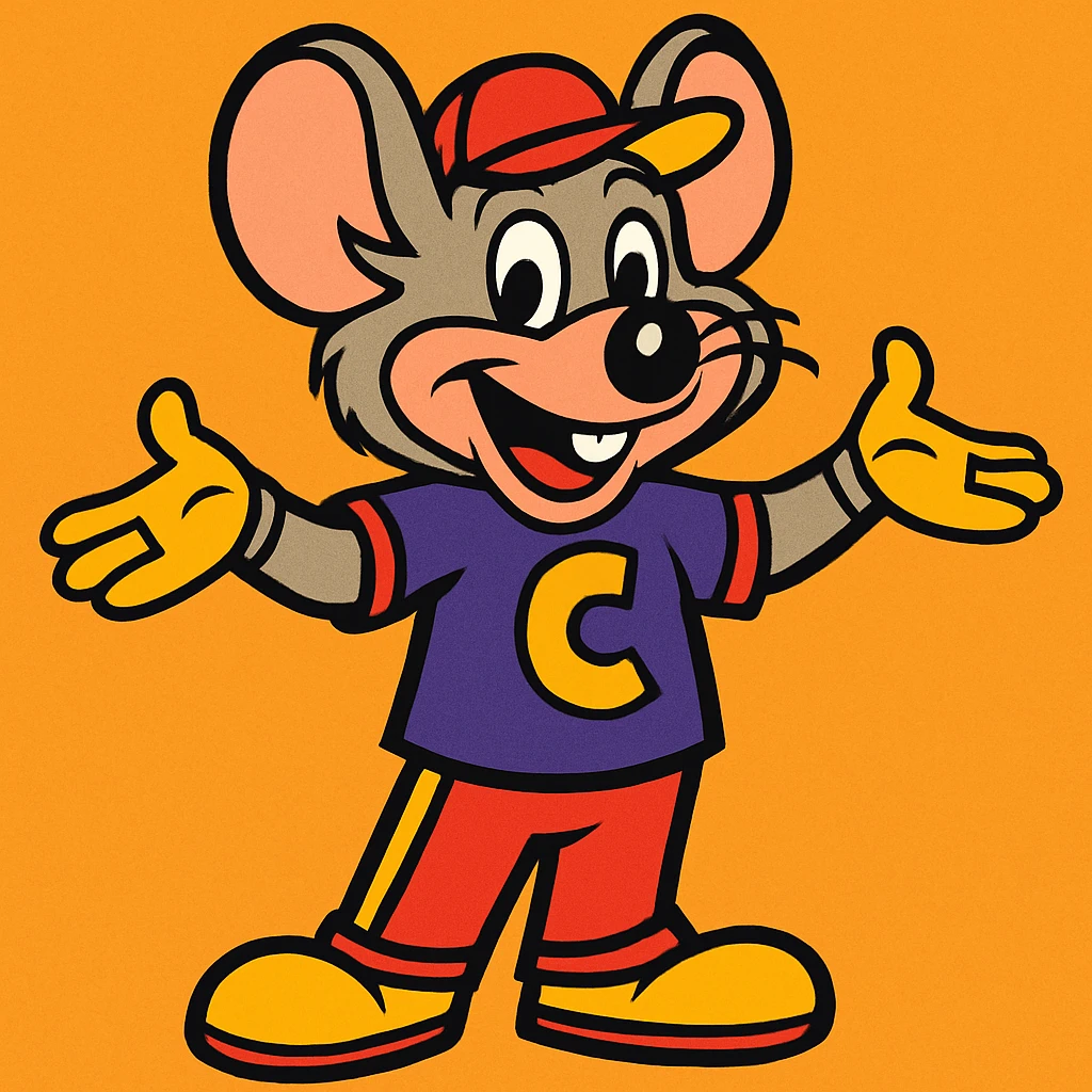 Chucky Cheese mascot, standing with arms open, yellow and red accents, pizza party vibe, cartoon style emoji