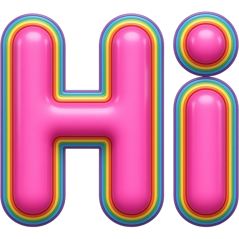 name "Hi" in neon pink, 3D style typography lettering, each color of the rainbow as a border outlined around each letter, isolated, 3d rendering, no emoji icons no emoji faces and must have no human figures emoji