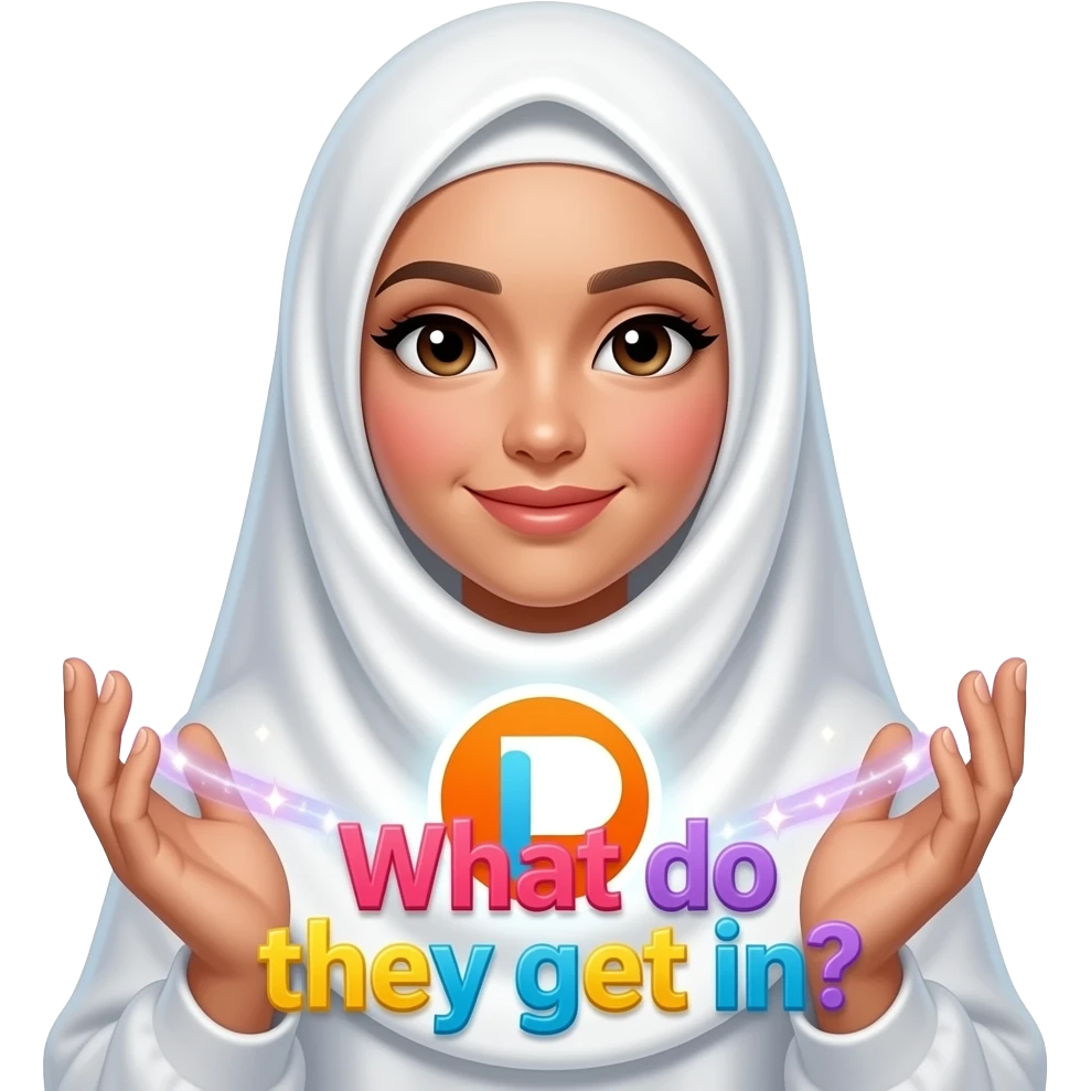 A beautiful woman in a pearl-white satin hijab, left around a glowing Patreon logo made of crystalline light. Swirling trails of celestial energy and stardust surround her hands, colorful text: 'What do they get in?'. Isolated on white, soft pastel colors, 3D icon style, ultra-detailed emoji
