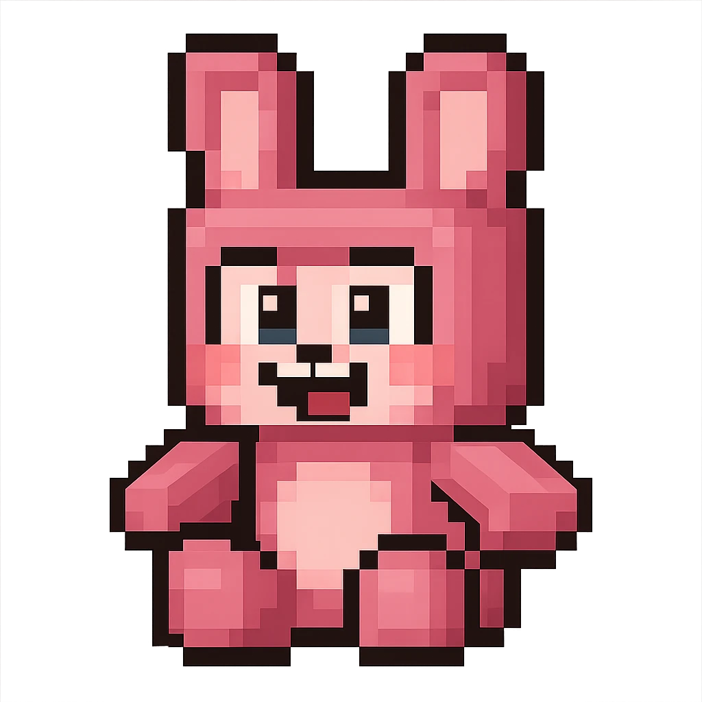 Extract the pink bunny plushie attached to the person, keep it cute and in the original Minecraft cartoon style, with a transparent background. emoji