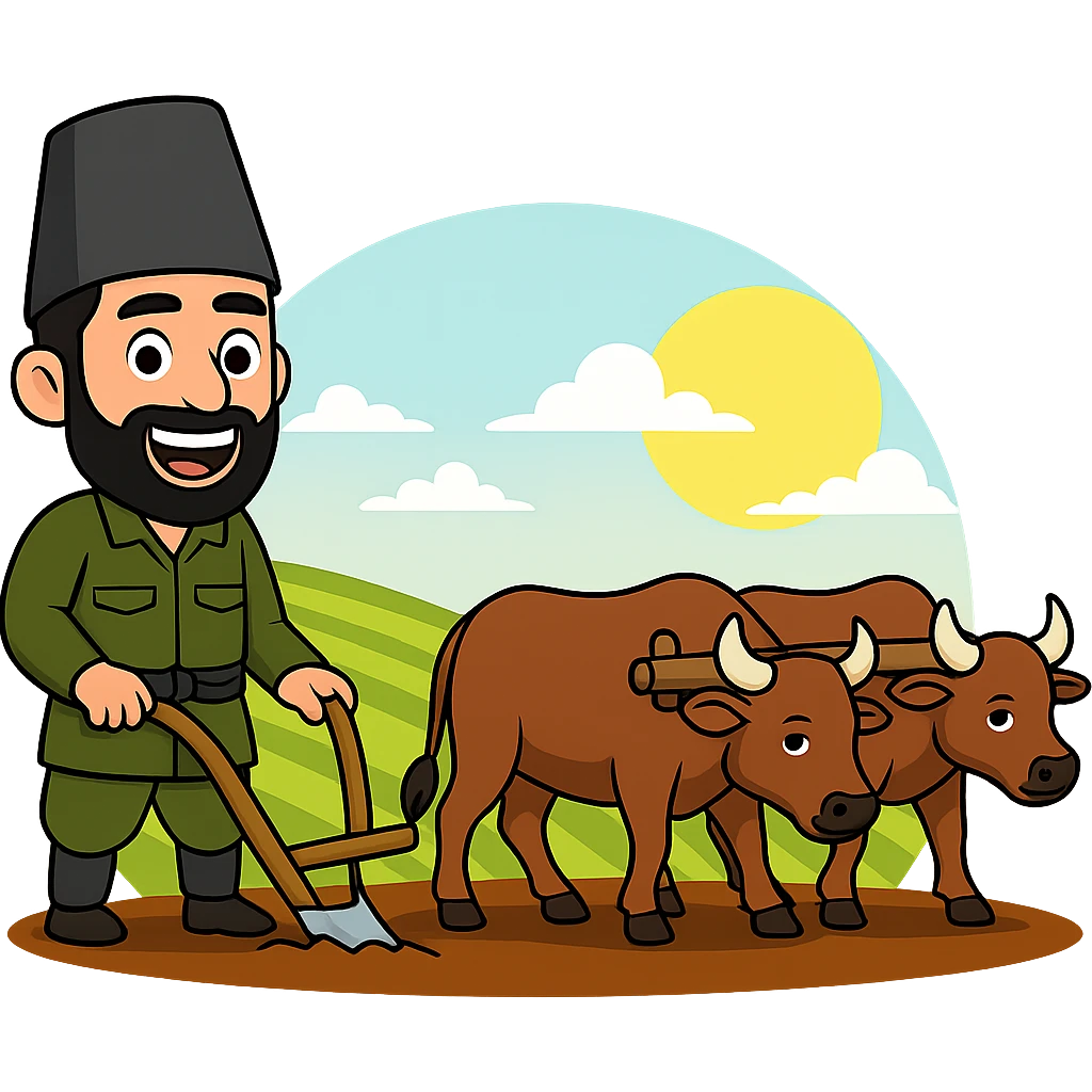 Edit the cartoon sticker by changing the farmer's clothing to traditional Kurdish attire from the Slemani (Sulaymaniyah) region. Keep the rest of the vibrant, cheerful cartoon sticker the same, suitable for WhatsApp and Instagram. Maintain a transparent background. emoji
