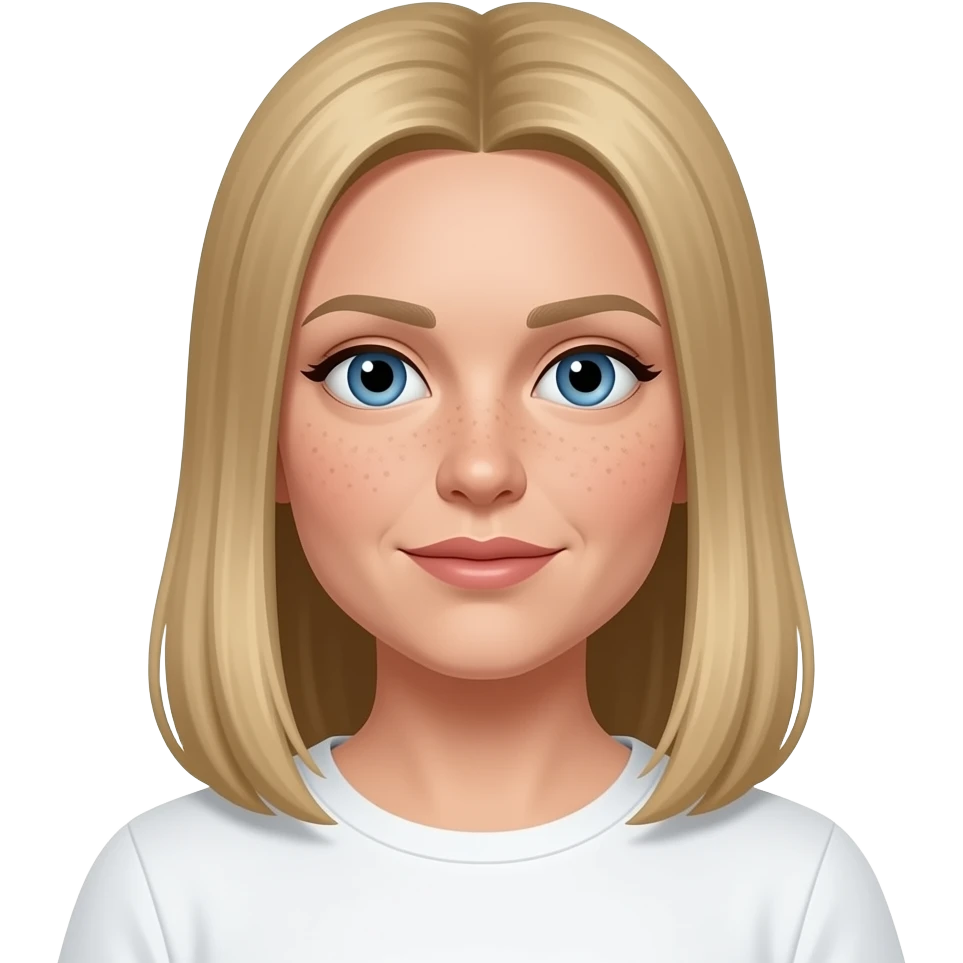 40 year old woman with blue yellow eyes, pale skin with freckles, thin face, large forehead,  and long, straight, blonde hair with middle parting wearing a white t-shirt emoji