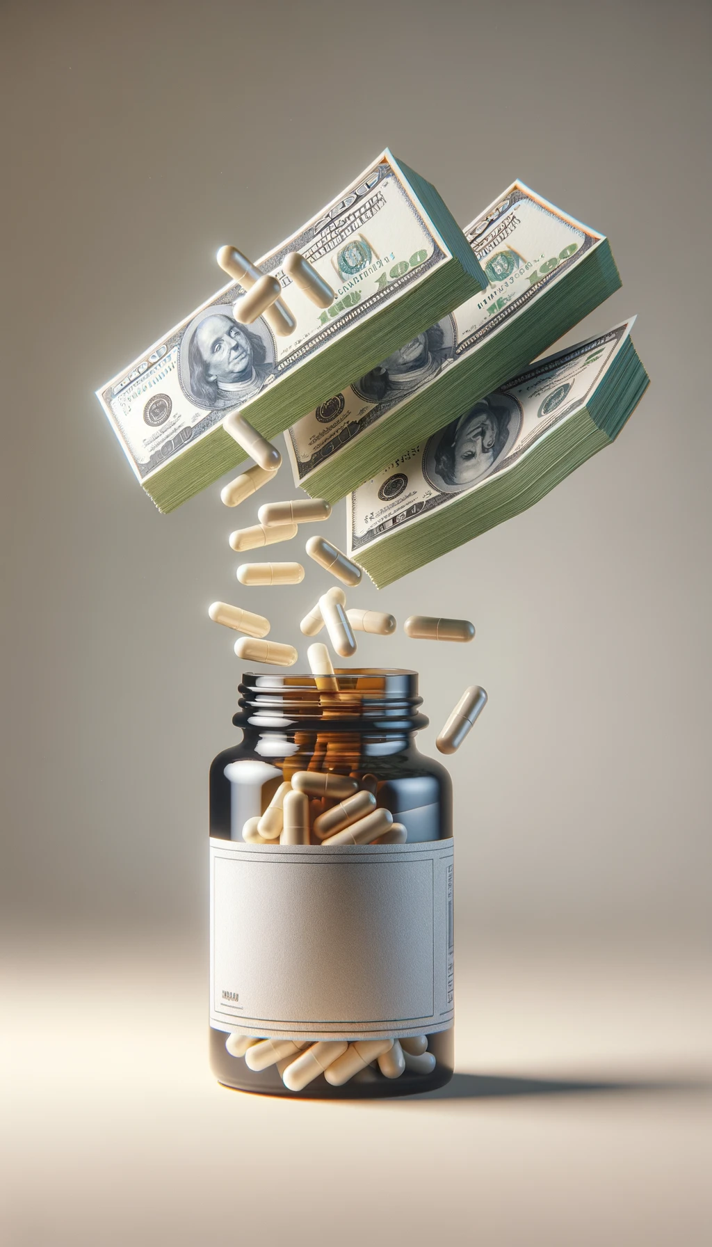 boccetta di integratore fluttua in aria, dalla boccetta aperta escono delle banconote, sfondo neutro chiaro, iperrealistico 4k emoji