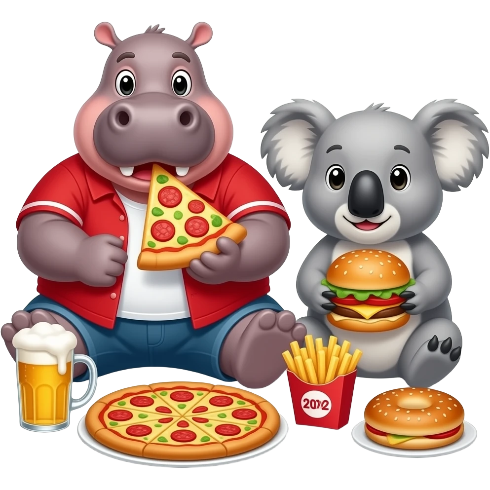 hippo and koala being fat together eating sooo much food together fat pizza beer burger fries bagels emoji