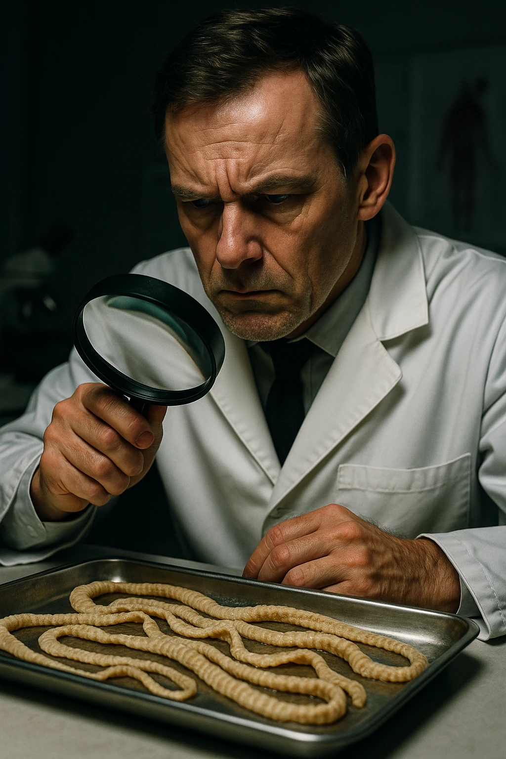 A middle-aged male kinesiologist wearing a pristine white lab coat, intensely analyzing long, beige tapeworms (like Taenia) under a magnifying glass. His expression is focused and slightly concerned, with dramatic studio lighting casting sharp shadows. The parasites are highly detailed, moist, and textured, stretched across a sterile metal tray. The background is blurred but suggests a clinical environment—hints of a microscope, medical charts, and clean lab equipment. The style is hyper-realistic, with a cinematic contrast between the bright white coat and the grotesque, organic forms of the parasites. No sci-fi elements, just raw medical realism with a disturbing edge emoji