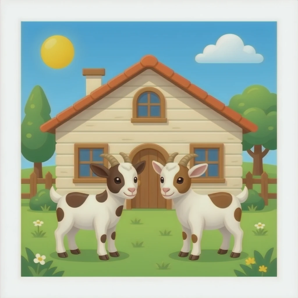 hazme la parte de dentro de una casa, la casa tiene que ser rustica. Pon algunas (2 o 3) cabras pequeñas con manchas marrones dentro de la casa. emoji