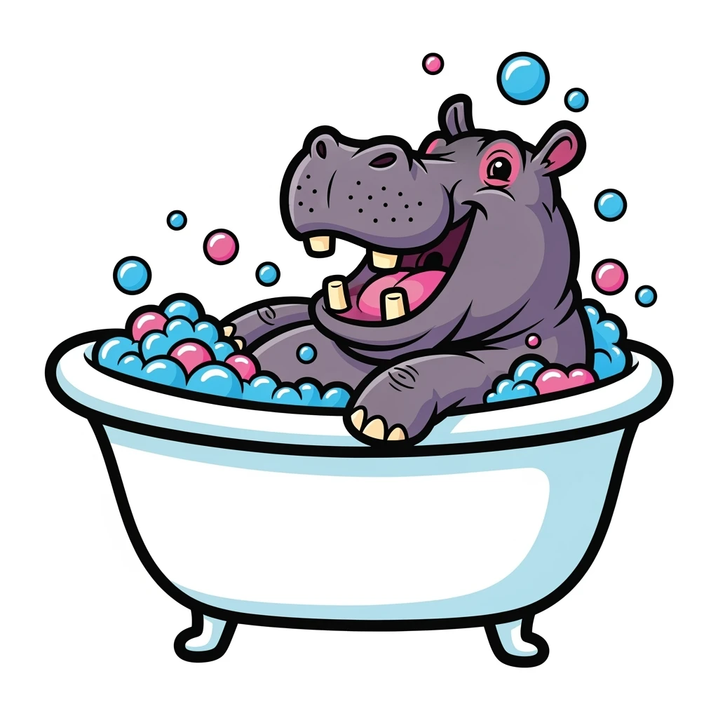 color vector art with outline of happy hippo with bubbles in bathtub emoji