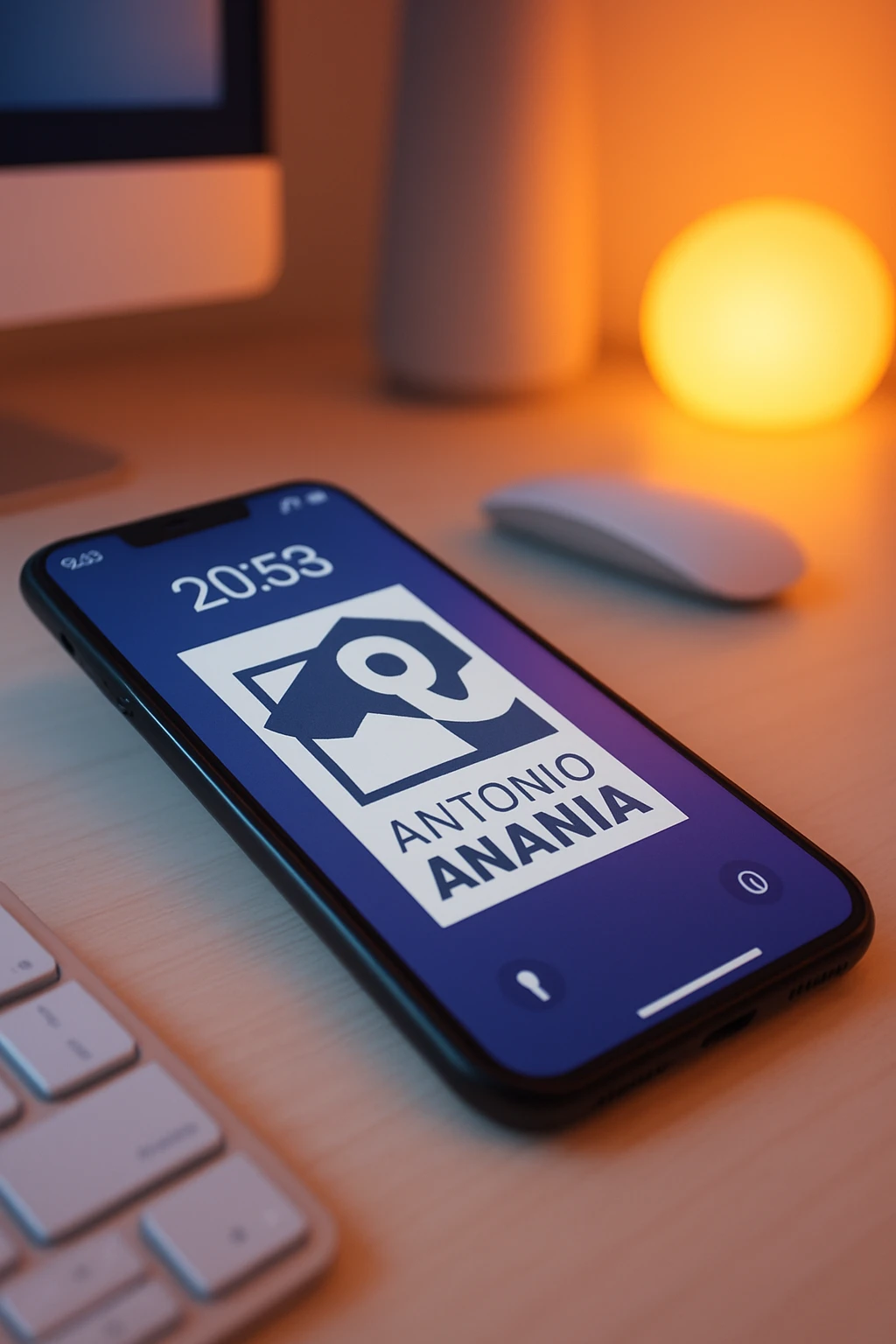 A photo of an iPhone on the desk with the message "Antonio Anania" on its screen, The phone sits atop a desk with a blurred background that suggests work environment. A faint glow from above casts gentle shadows across the surface of each object, creating depth and highlighting their textures emoji