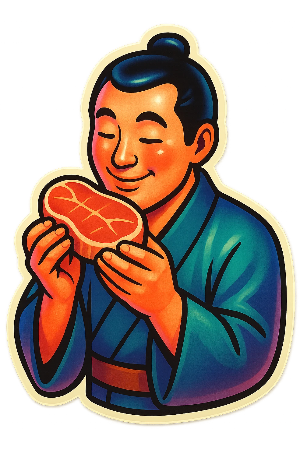 A Japanese man in traditional kimono with a loving look holds a steak in his hands, preparing to eat it emoji