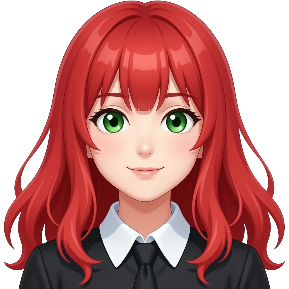 anime girl diagonal mouth red hair green eyes black blouse with white collar emoji