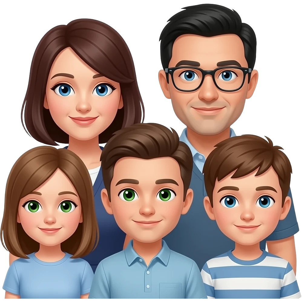 family of 6 white people with 4 kids and all brown hair except dad with black hair and glasses. mom has blue eyes, 1 brother is 30 green eyes, 1 brother is 25 green eyes, 1 brother is 15 blue eyes. daughter has green eyes light brown hair. emoji