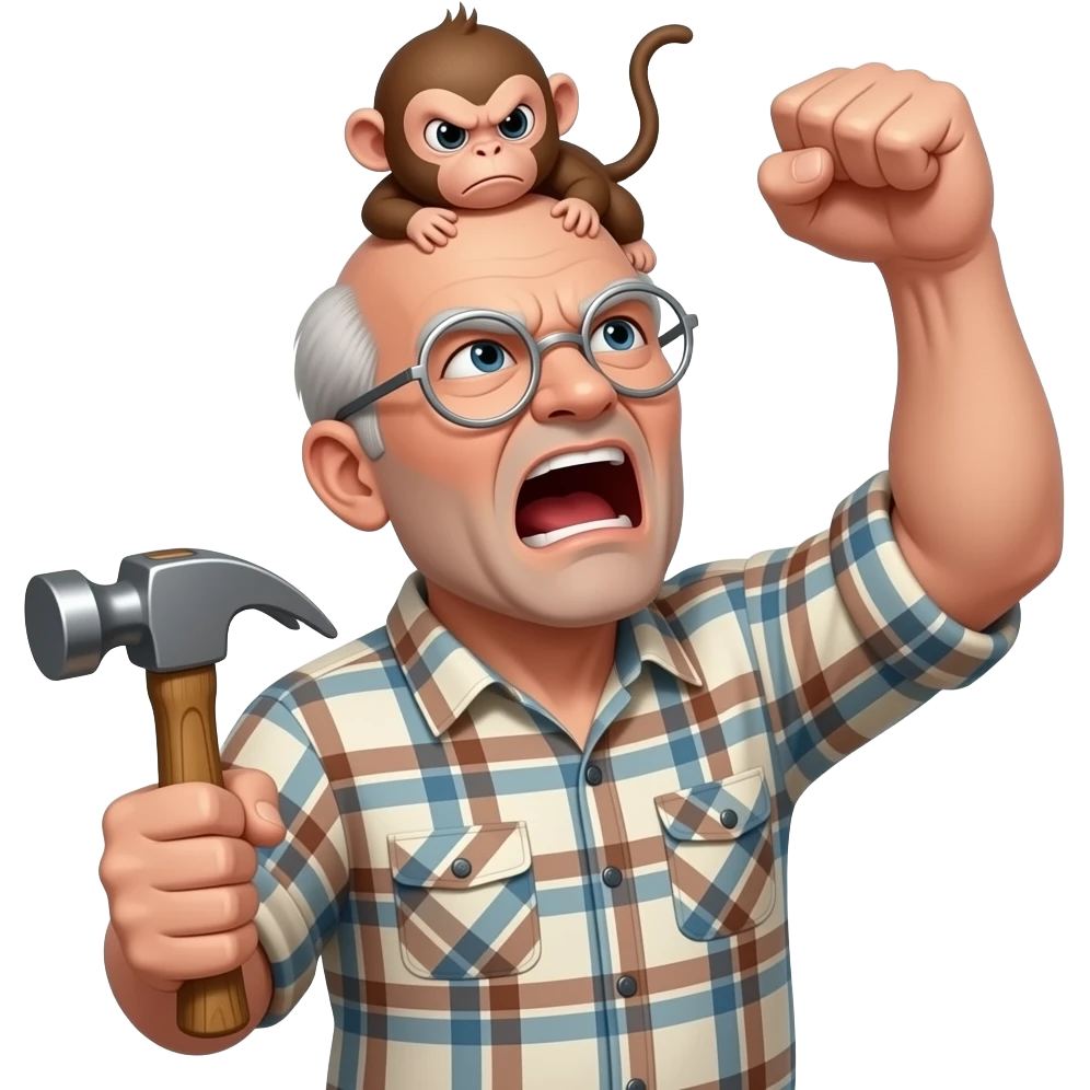 Angry old man with a plaid shirt with silver round glasses balding, NO beard & NO mustache yelling at the sky and shaking his fist at the sky holding a hammer in his LEFT hand and a angry baby monkey on his shoulder. emoji