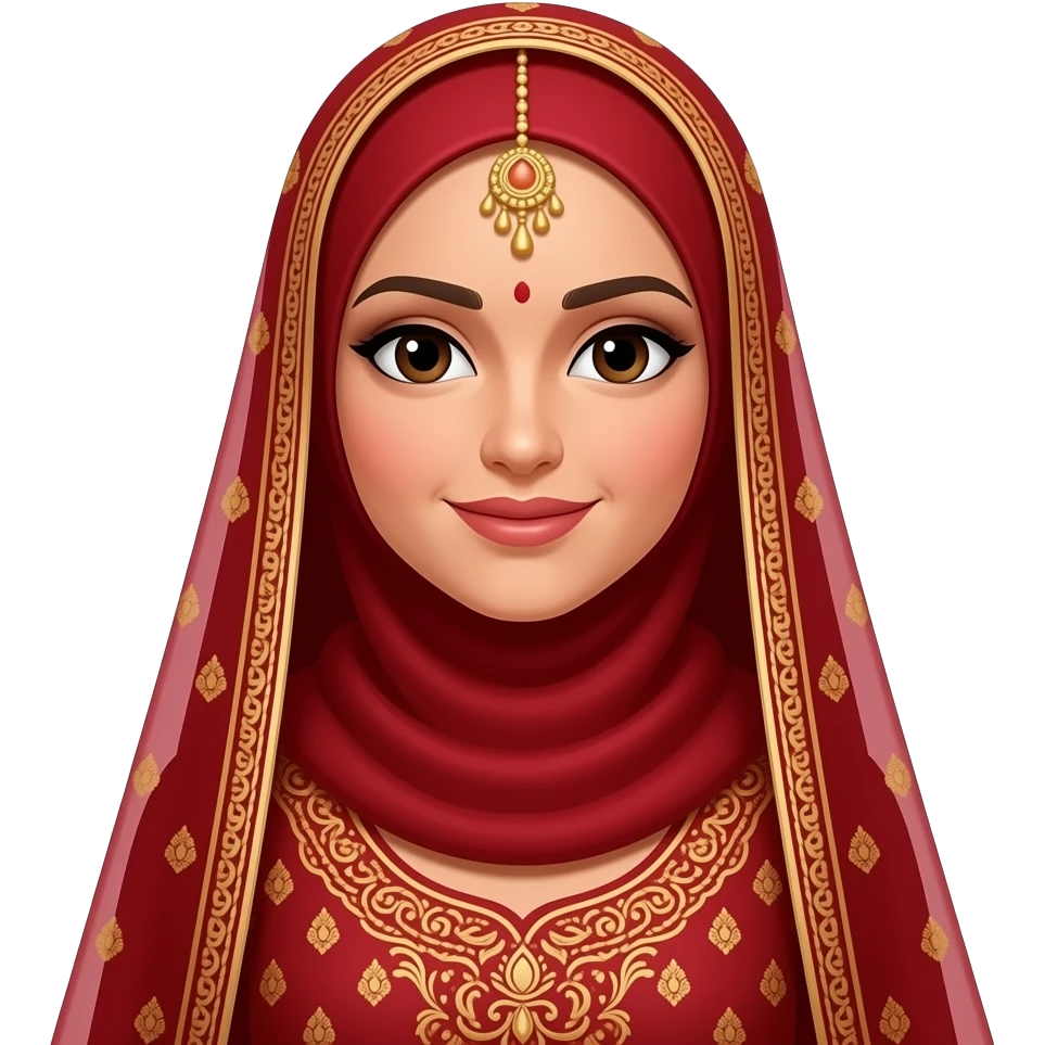 A hijabi south Asian bride in traditional red and gold attire with a red hijab and no skin showing on the neck and just a tikka at the top in terms of head jewellery emoji