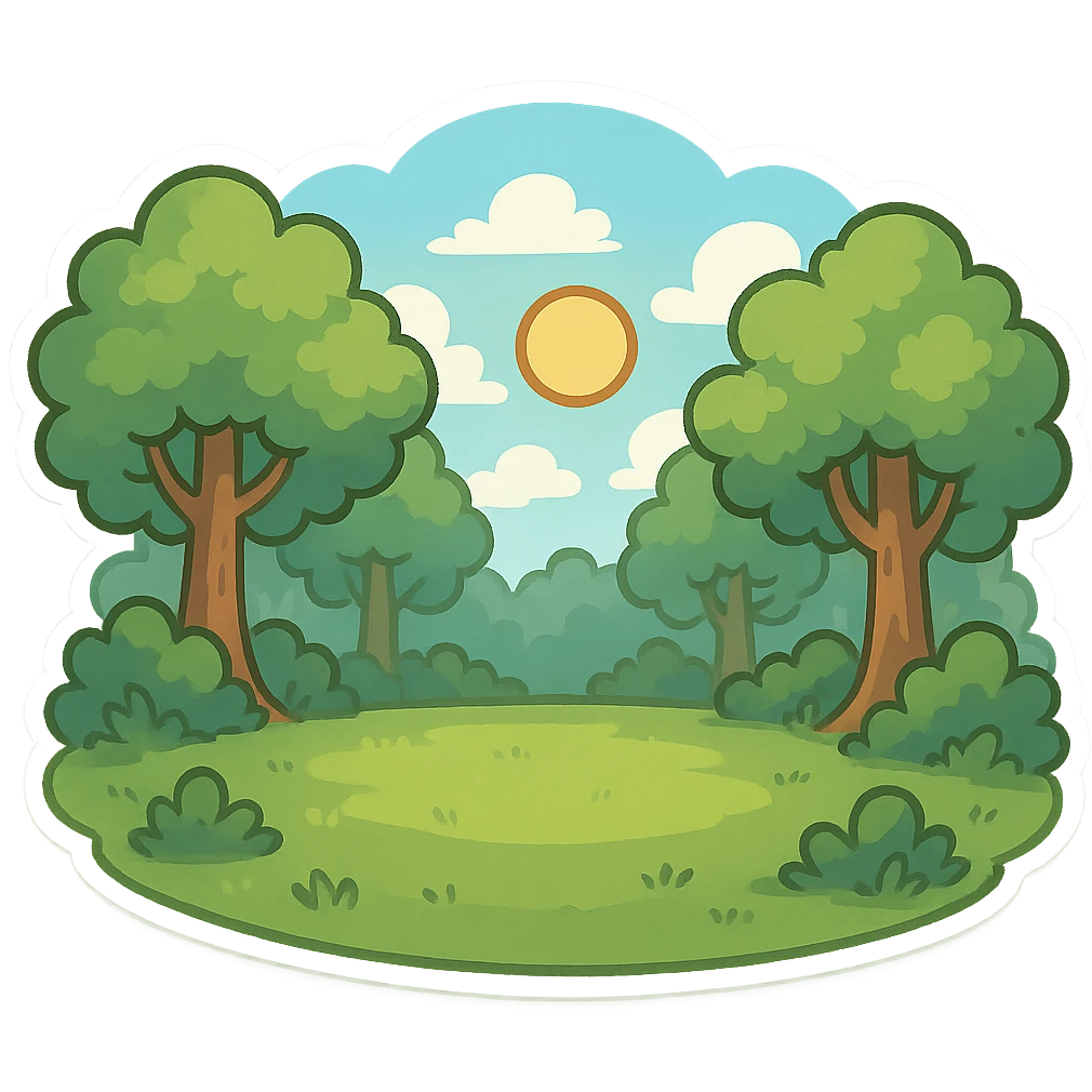 一张森林场景，中间是一片空地，蓝色天白云，太阳 emoji
