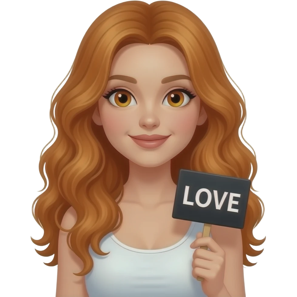 sexy girl with long wavy ginger hair and ginger eyes wearing a white tanktop is holding a black colored sign with LOVE written on it emoji