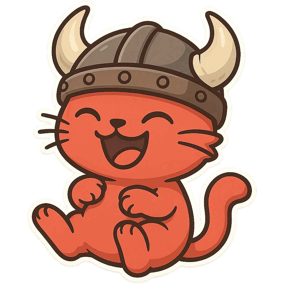 a laughing red viking cat cute and chibi with a horned helmet and wide grin emoji