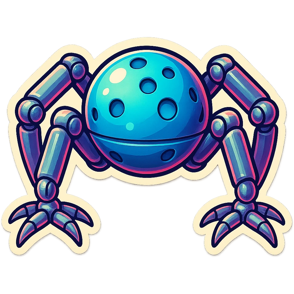symmetrical 4 legged robot. center sphere with 4 evenly spaced legs. 1 leg extends from each side at sphere's equator walking emoji