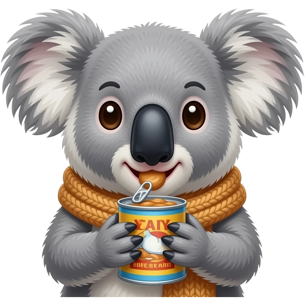 koala eating canned food, wearing cloth,  closeup emoji