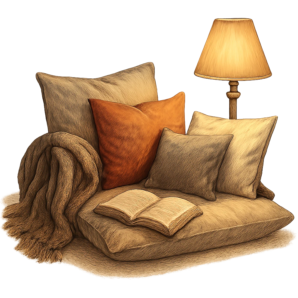 cozy reading nook with pillows and a lamp, warm and inviting emoji