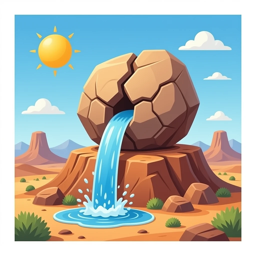 Water springing from a large crack in a huge boulder rock on top of a desert mountain emoji