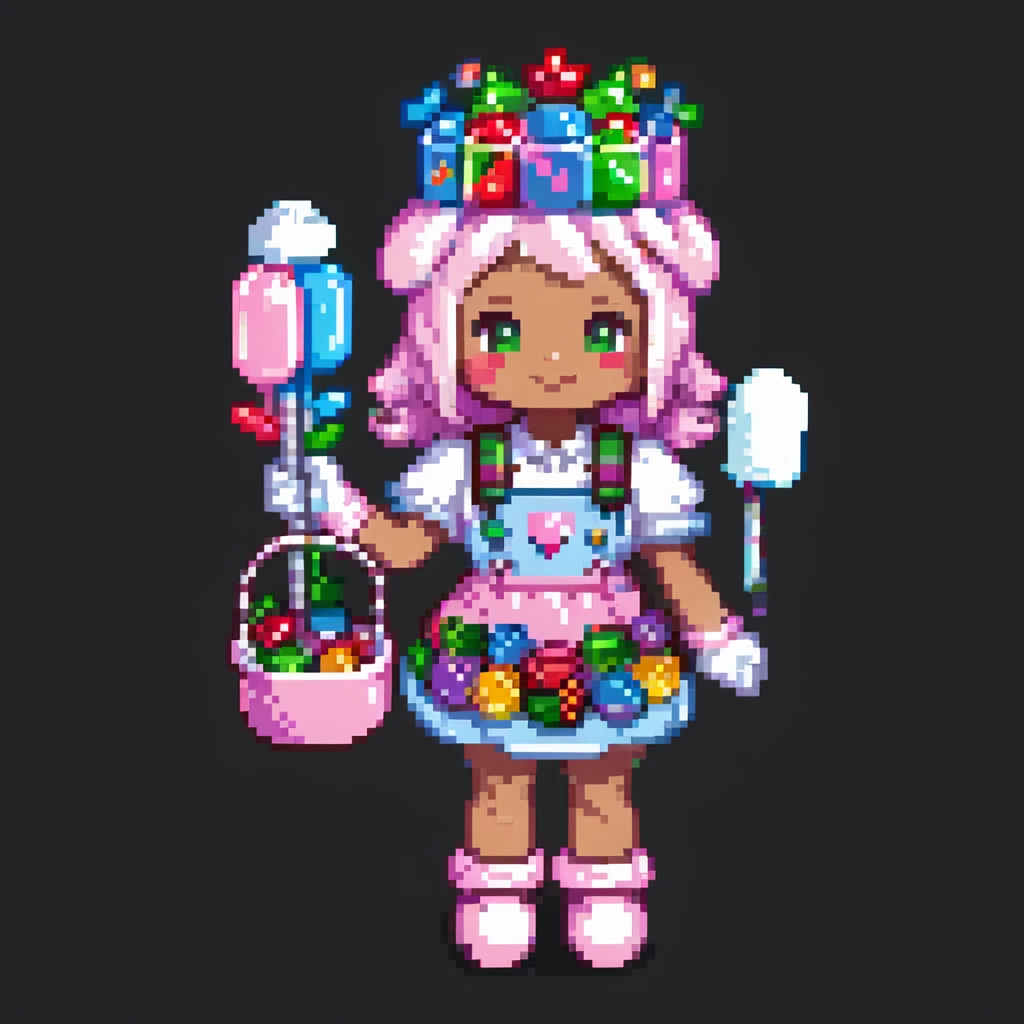 Portrait of a baker dressed in pink candy-themed clothes, gummy bears on his sleeves, rock candy crown, marshmallow gloves, skeuomorphism style emoji