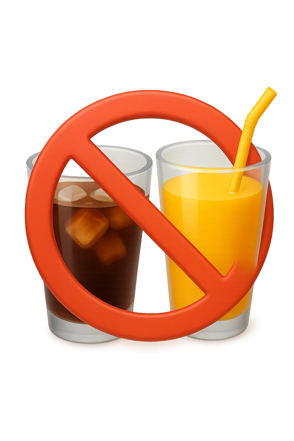 emoji 3d stile iphone che rappresenta un bicchiere di coca cola e di succo di frutta con un divieto sopra 3d emoji