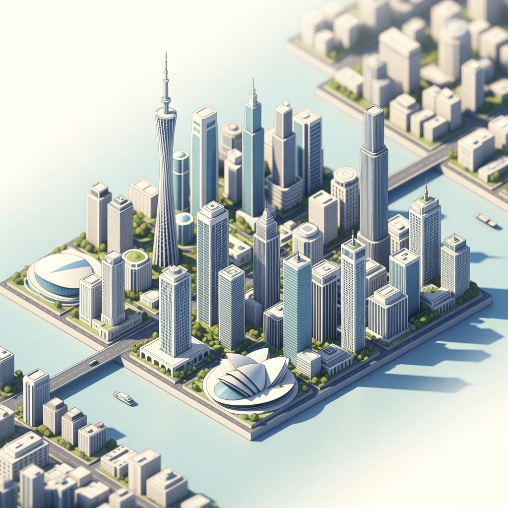 Isometric minimalistic illustration of Guangzhou, subtle 3D miniature effect and Tilt Shift effect, no cartoonish look, transparent background. emoji