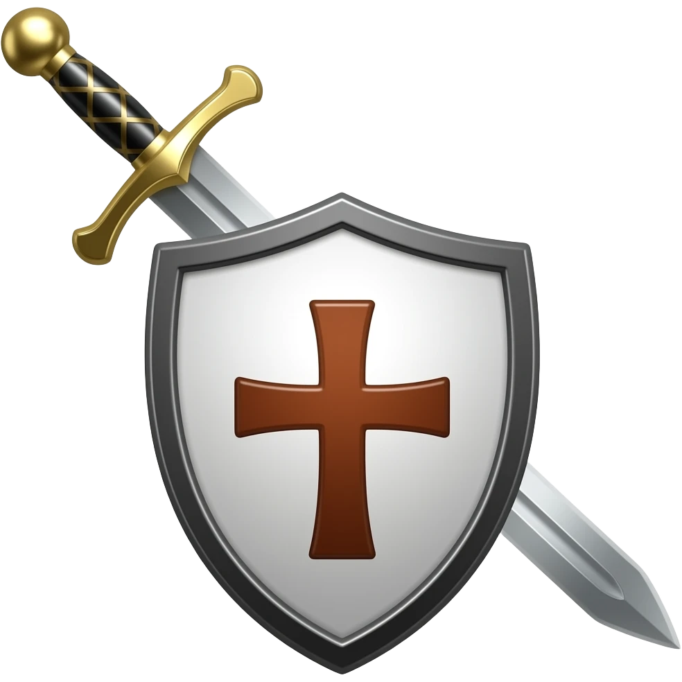 un escudo blanco con bordes negro y una cruz cafe y una espada de acero por detras del escudo en la mitad con un mango en forma de cruz y el mando este en la parte superio emoji