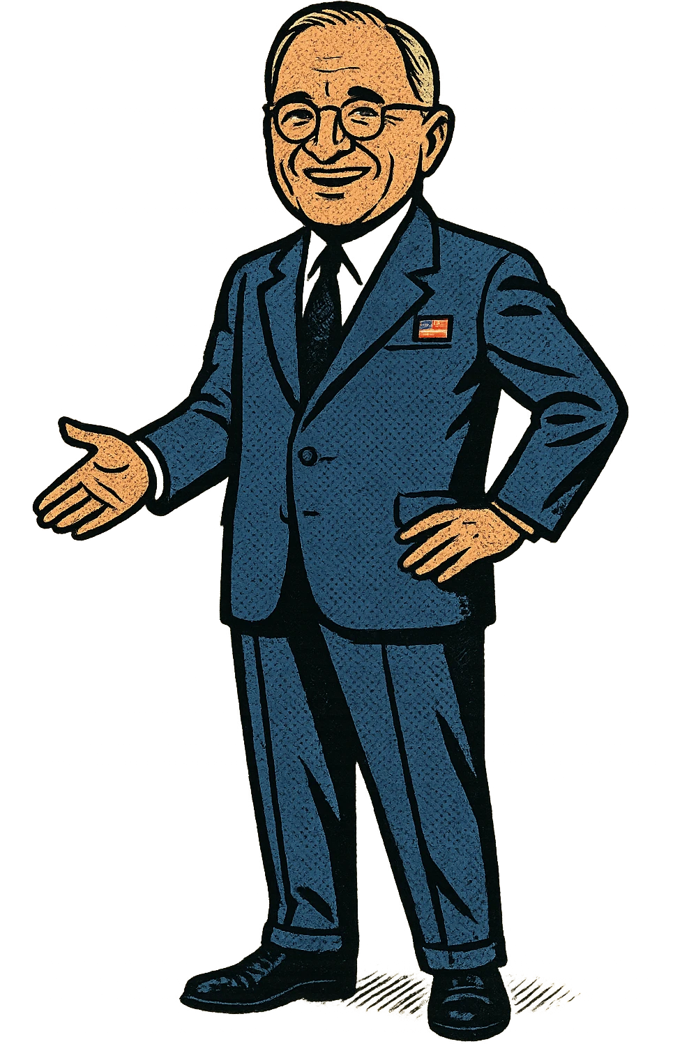 A full body image of a leader who looks like President Truman who is smiling, wearing a blue suit with an American Flag badge emoji