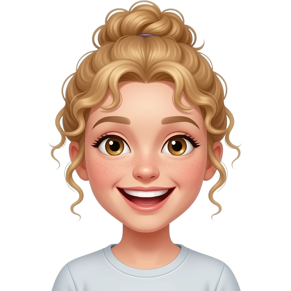 realistic dirty blonde girl with curly bun laughing and joking emoji