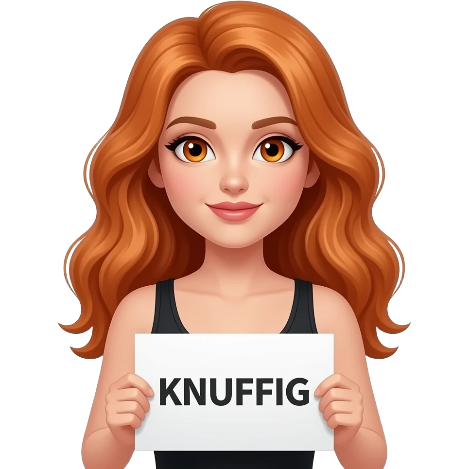 sexy girl with long wavy ginger hair and ginger eyes wearing a black tanktop is holding a white sign with KNUFFIG written on it emoji