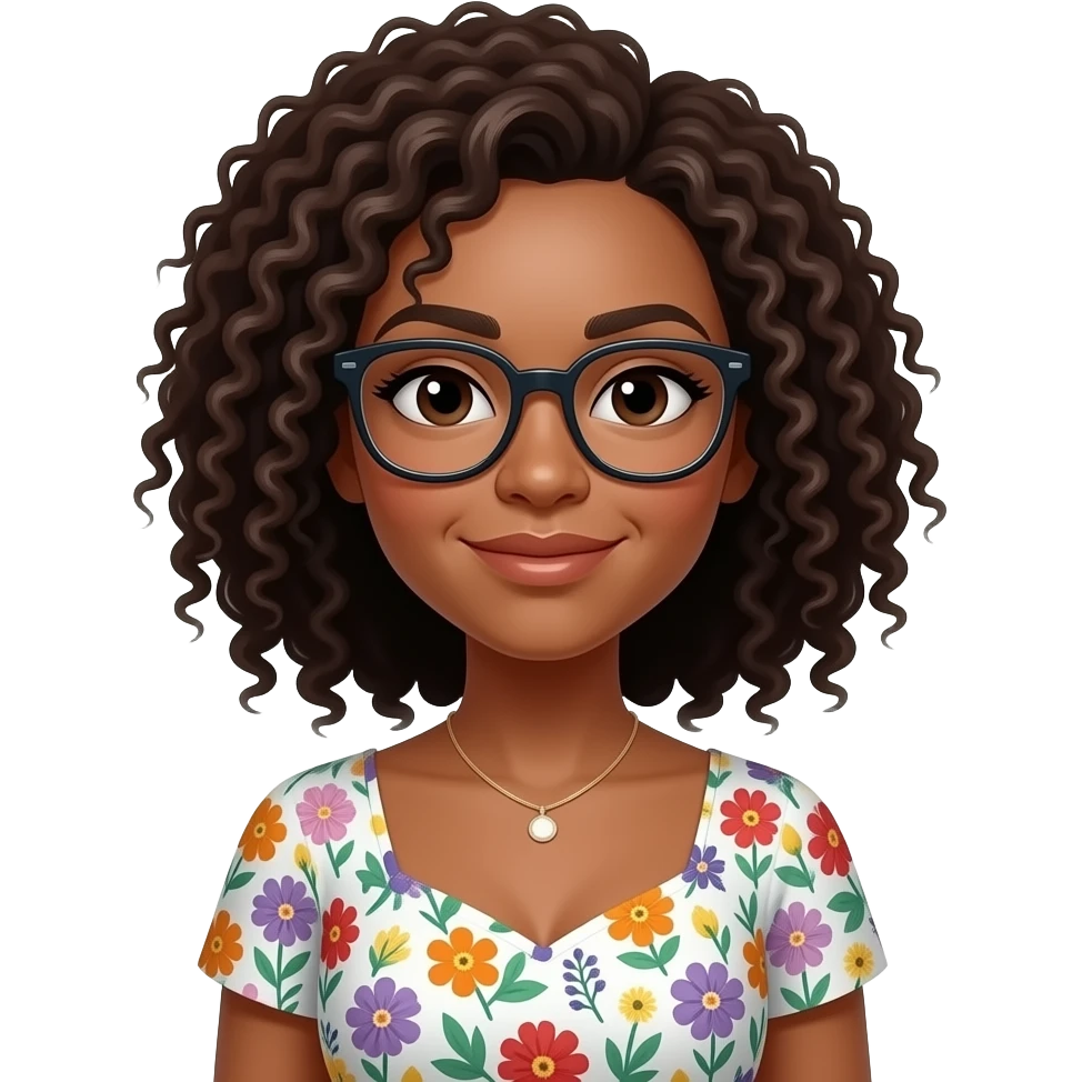 Cara Guera ,cabello chino con lentes con vestido floreado emoji