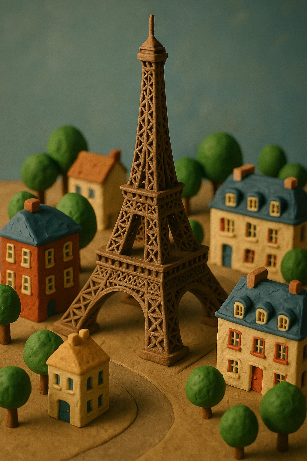 Isometric illustration of Paris, featuring the photorealistic Eiffel Tower surrounded by small Parisian buildings and trees, highly detailed in semi-realistic style emoji