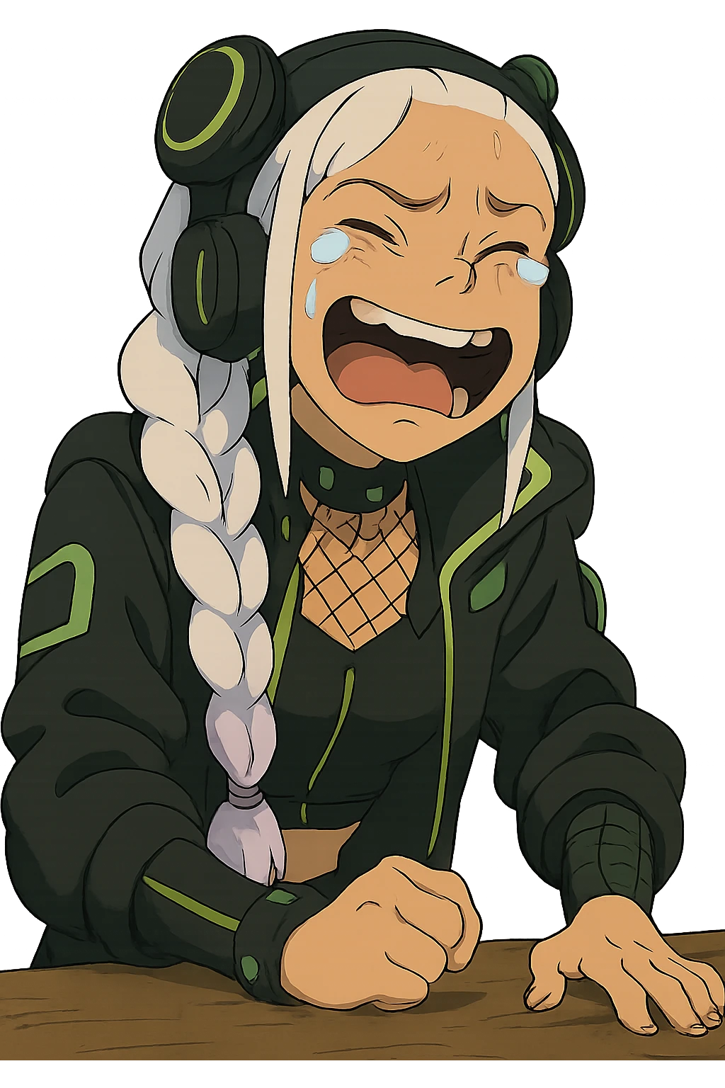 1 female, single long white braid with lavender tips. Cybergoth futurepunk, crying from laughter, pounding her fist on a table, “wheeze emoji” facial expression, hilarious  emoji