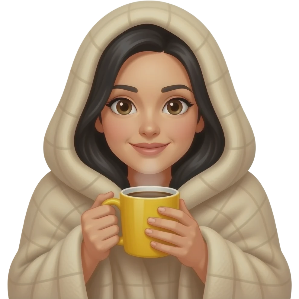 A white woman with black hair, with a large beige blanket, drinking coffee in a yellow mug, very cozy, iPhone emoji style emoji