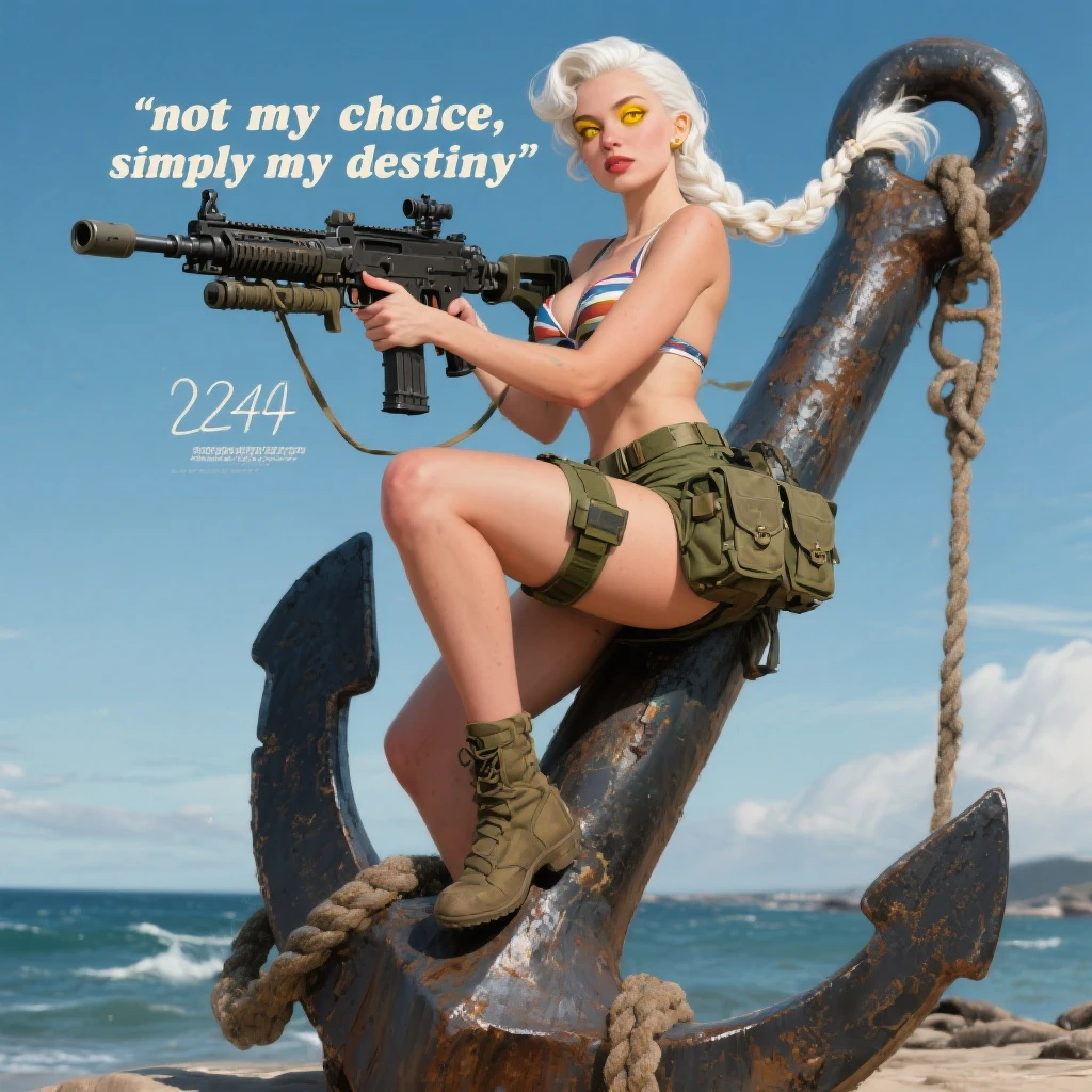 a retro military pinup " not my choice, simply my destiny "
; female figure young,gorgeous, white hair 1 braid, gold yellow eyes, riding side-saddle on a massive anchor , with a massive LMG 249,  wearing a swimsuit and bdu bottom with plate-carrier emoji