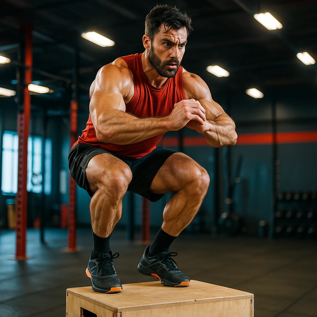 realistic 4K image of a CrossFit athlete training, box jump exercise, muscles in tension, intense lighting, vivid colors, modern gym background, energetic atmosphere emoji
