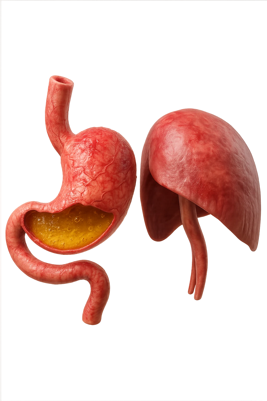 stomaco umano anatomico infiammato con acido giallo all'interno fluttua in aria insieme ad un diaframma umano, iperrealistico 4k, isolato su sfondo bianco emoji