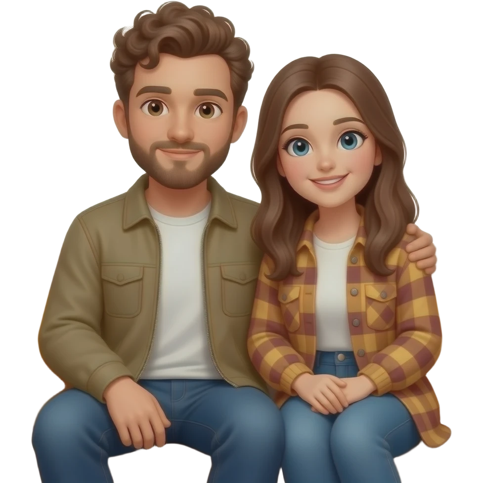 Realistic white man brown super short curly hair with beard being cozy with realistic white girl brown long straight hair on couch autumn emoji