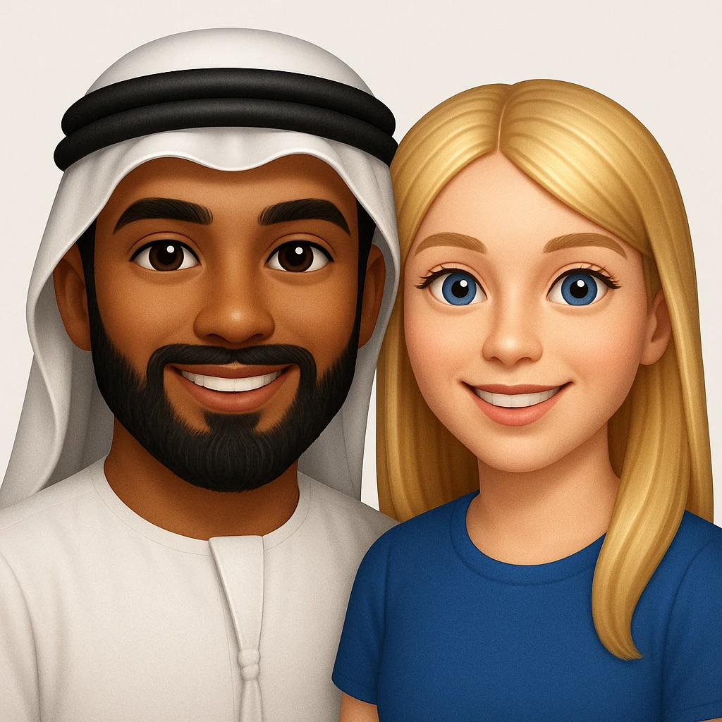 Сгенерируй мне в стиле детализированного емодзи пару, где мужчина с черной бородой и в арабском одеянии и чуть со смуглой кожей, а девушка чистая славянка, блондинка  emoji