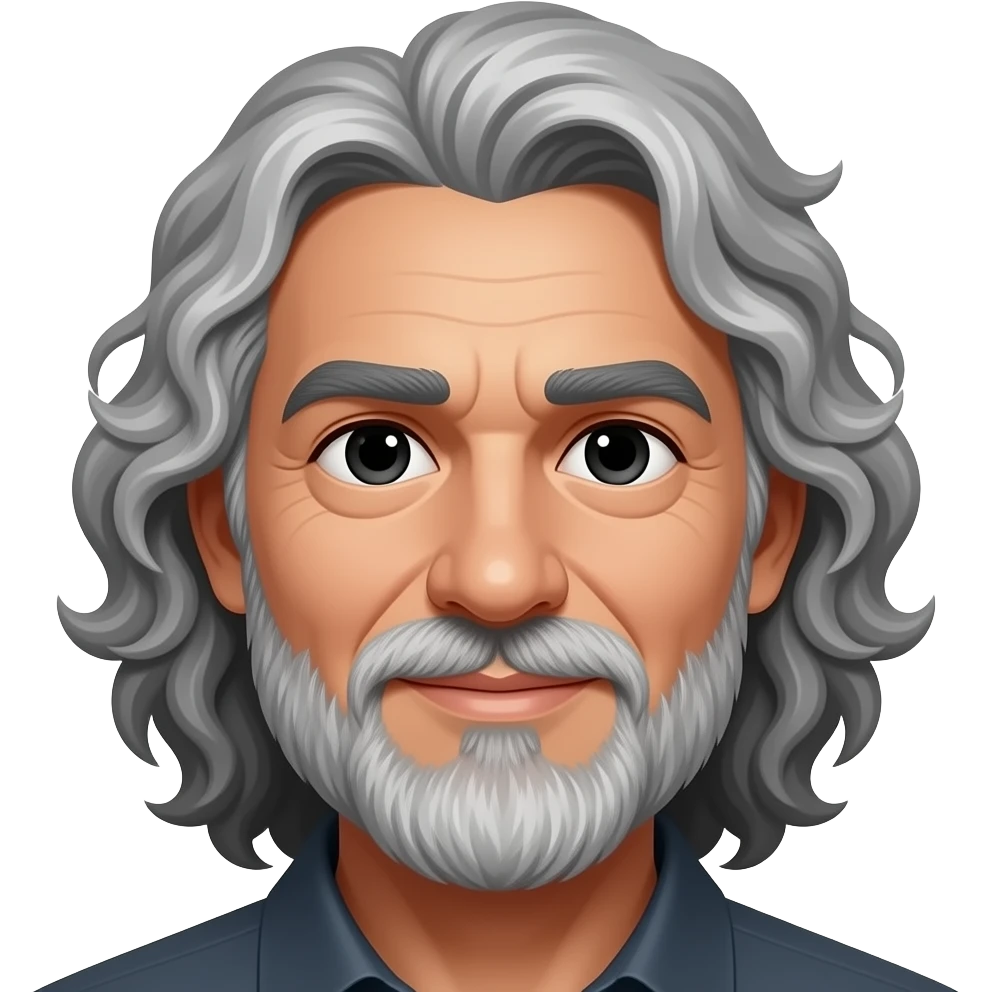 حواجب سوداء رمادي بشره قمحيّة اللون وعمرة ستون عاما رجل شعره كيرلي رمادي طويل عيناه اسود له لحية emoji