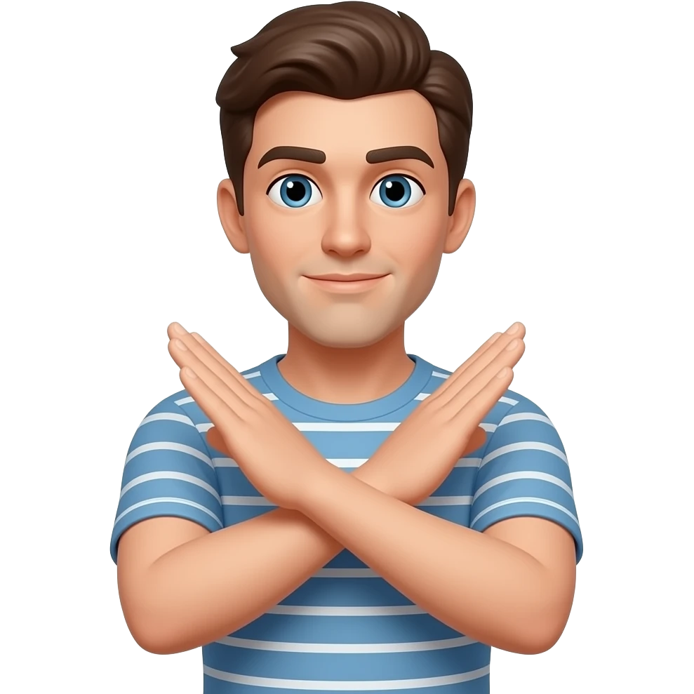 A person making an “X” gesture with their arms crossed in front of their chest, clearly signaling “no” or “stop”. The pose is front-facing, with both arms forming a bold X shape. Neutral background, clear visibility of the gesture, expressive and easy to understand. emoji