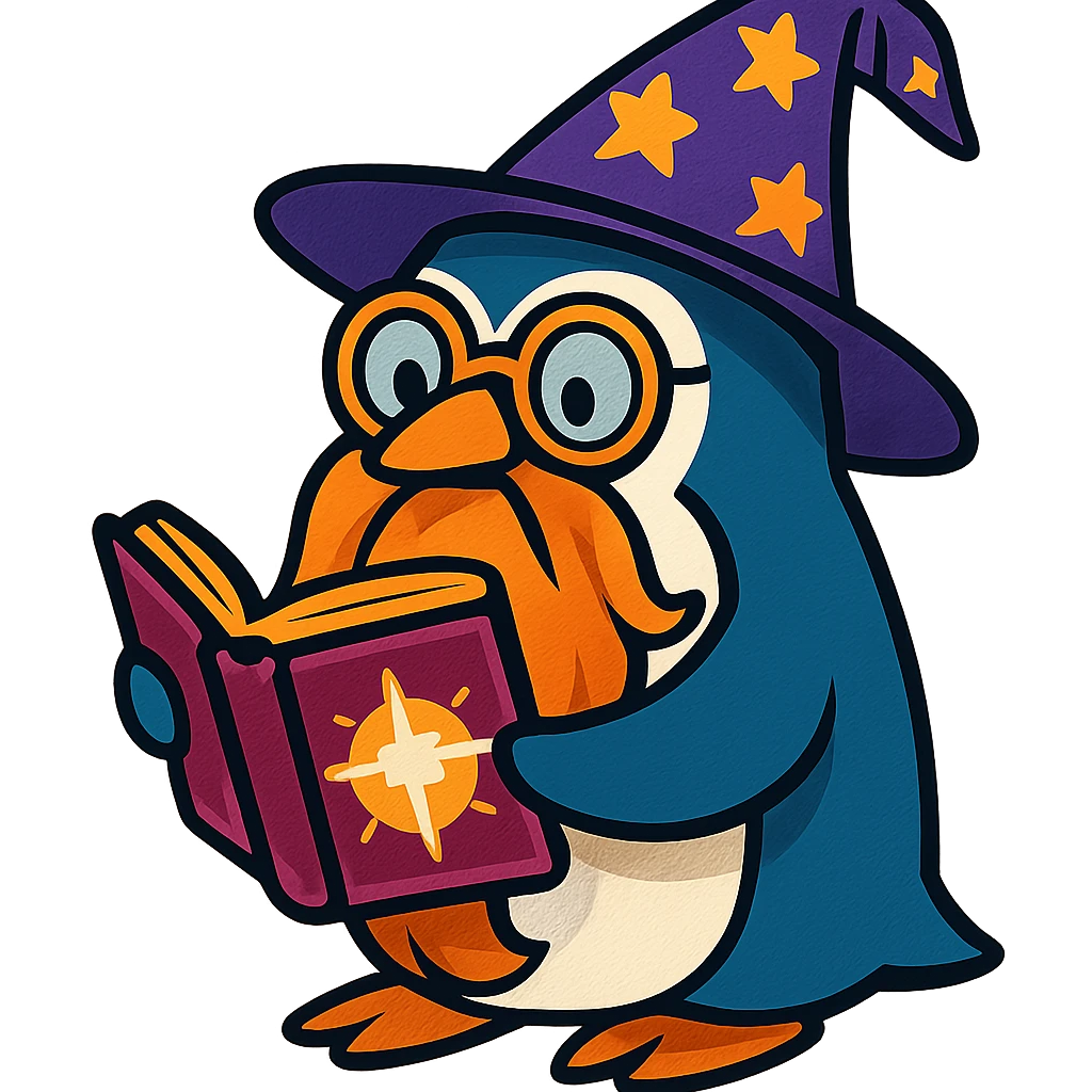 a cartoon penguin wizard with a long beard, round glasses, and a mystical book, looking wise and magical emoji