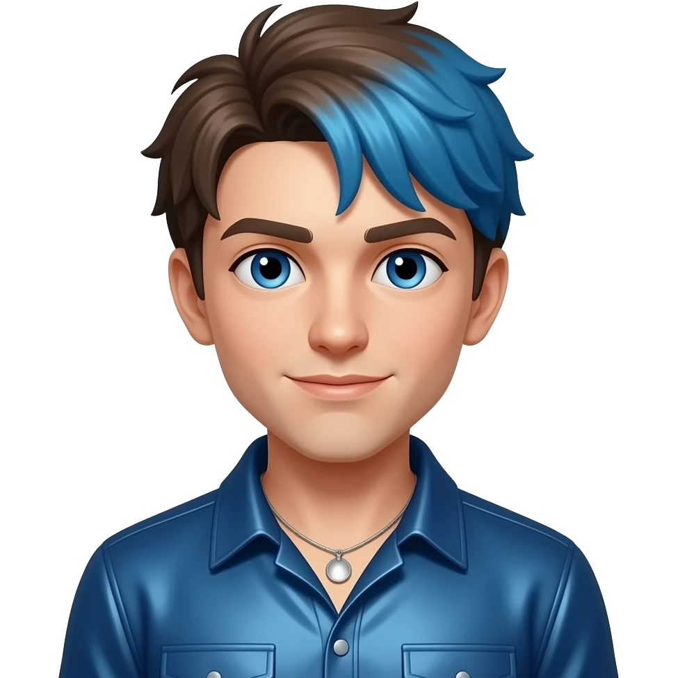 DanTDM with blue eyes, brown hair with blue dyed, indigo metallic shirt, silver necklace emoji