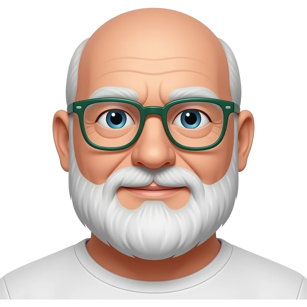 75 year old, white, 300 pound, thin framed glasses with green side arms and totally bald, no hair except for a full white beard starting from bottom of ear lobe emoji
