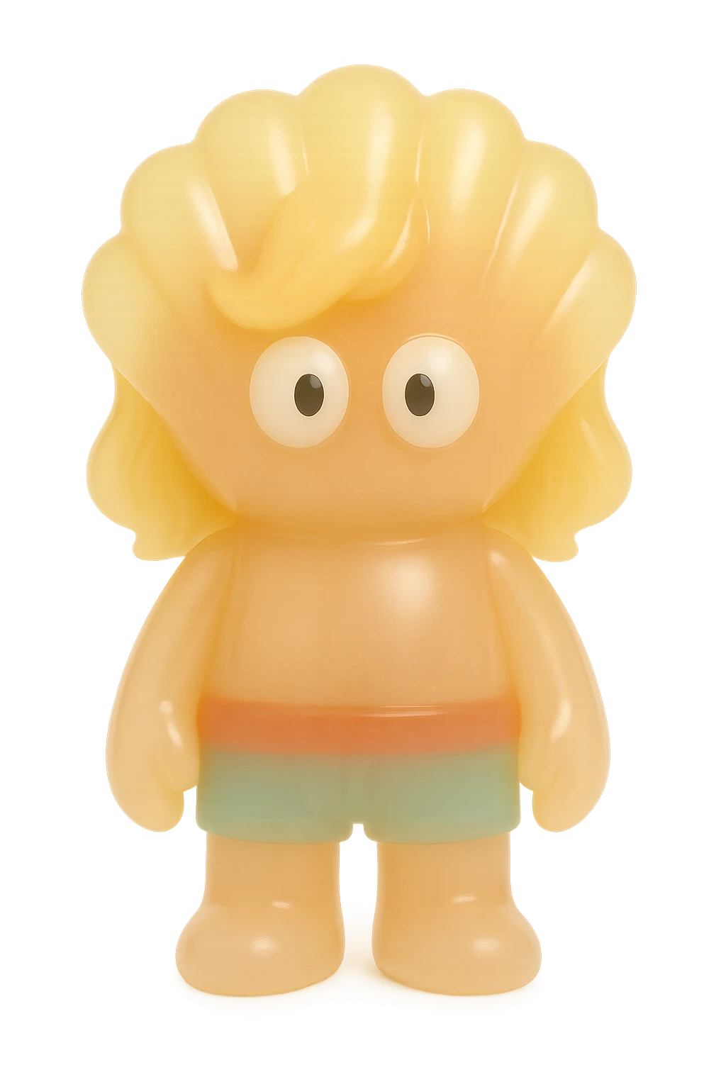 贝壳, retro 90's toy style, very transparent and slightly see-through, natural tan skin, blonde hair, colorful shorts, large white eyeballs with small black pupils, soft plastic texture, soft reflections, soft and squishy, some cloudiness, not shiny, highly detailed, appealing, no tag, no background emoji