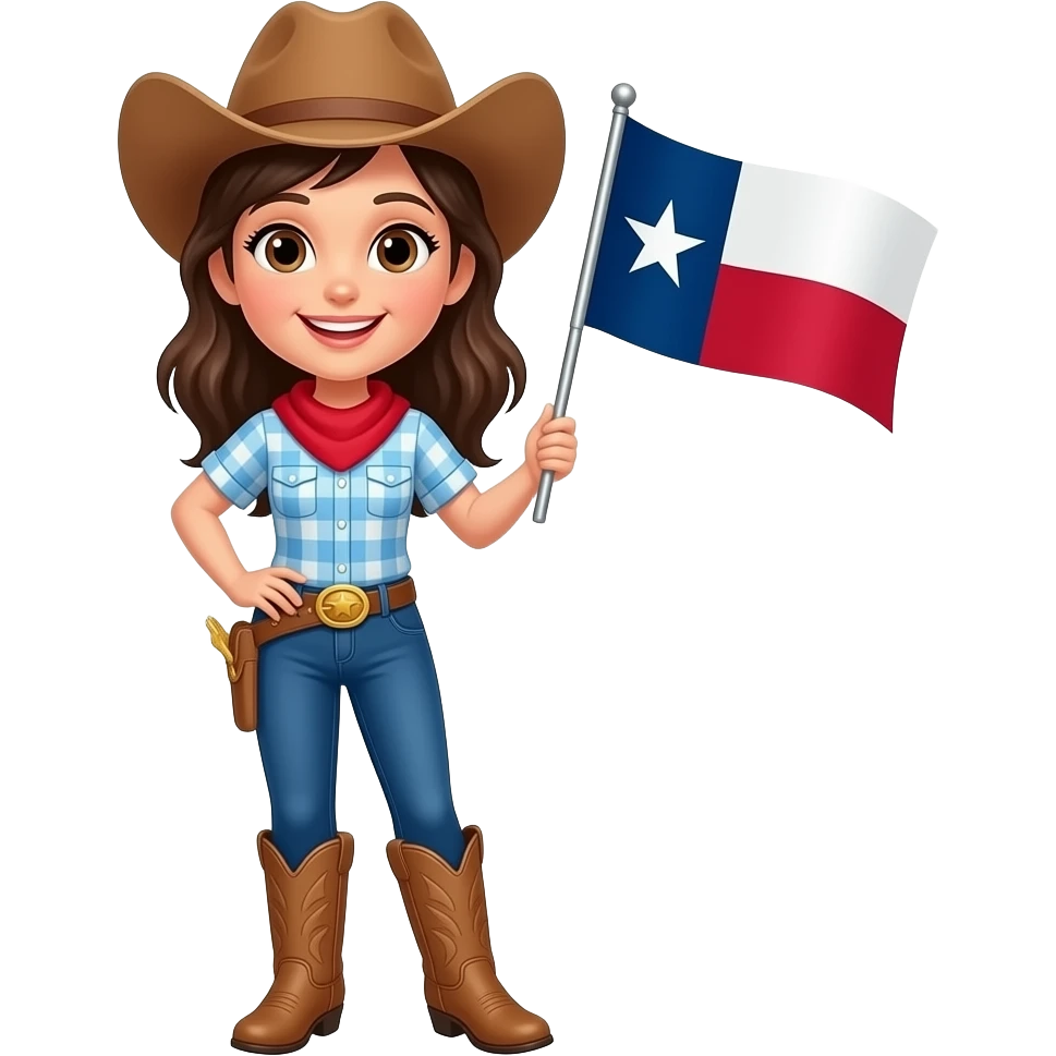 a happy Texas flag with a cowgirl wearing boots a smile and a cowboy hat emoji